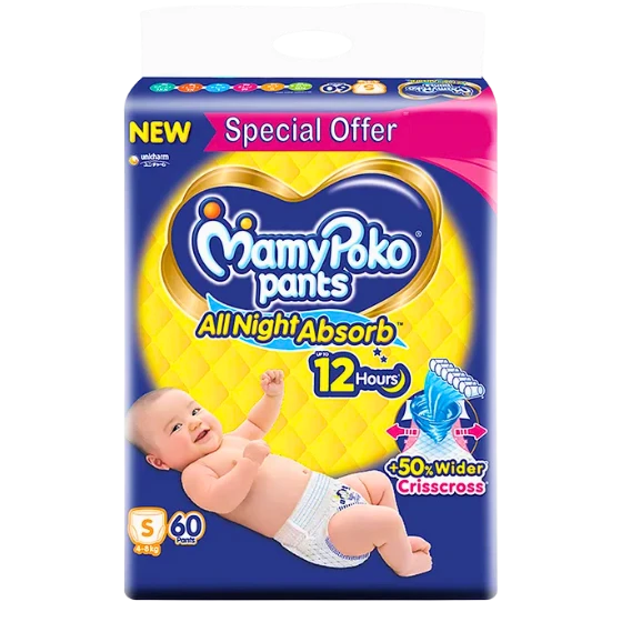 Mamypoko pants All Night Absorb | Pant Style Baby Diapers Small Size(S), 60 Count, Ideal for 4-8Kgs